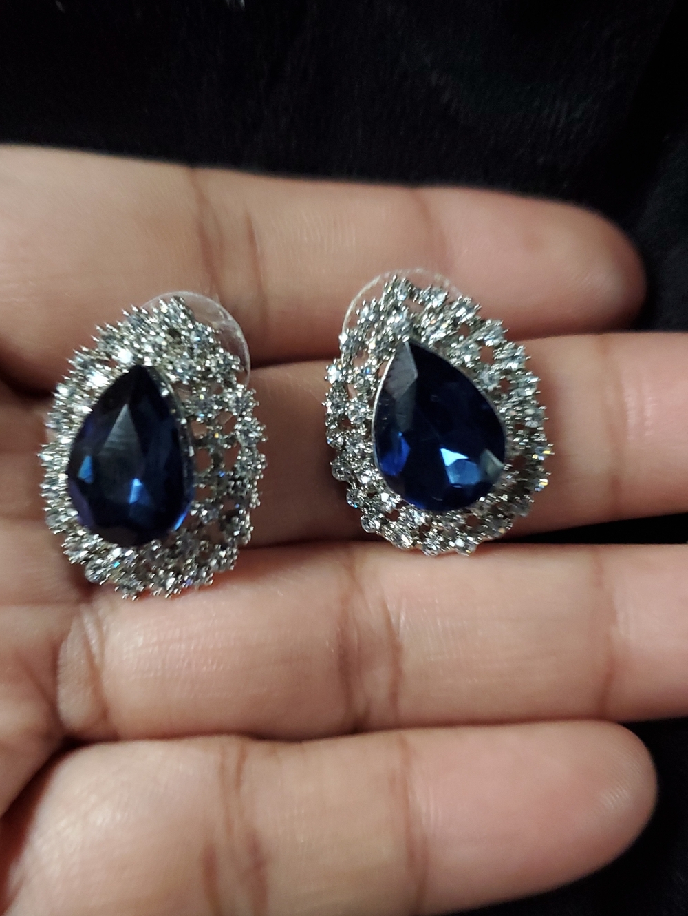 Teardrop Blue Crystal Halo Stud Earrings - Silver Tone- GUC
